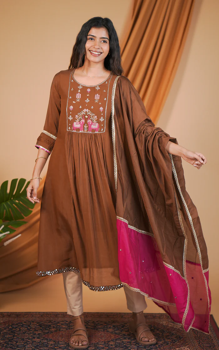 Chocolate Brown Aline Kurti with Decorative Thread Embroidery and Mirrorwork (Aira A)
